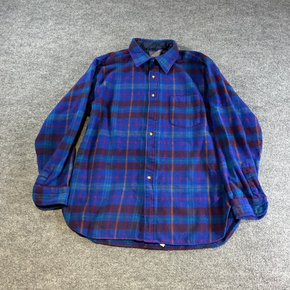 Pendleton Wool Shirt Mens XL Blue Purple Plaid Virgin Wool Made in USA Vintage